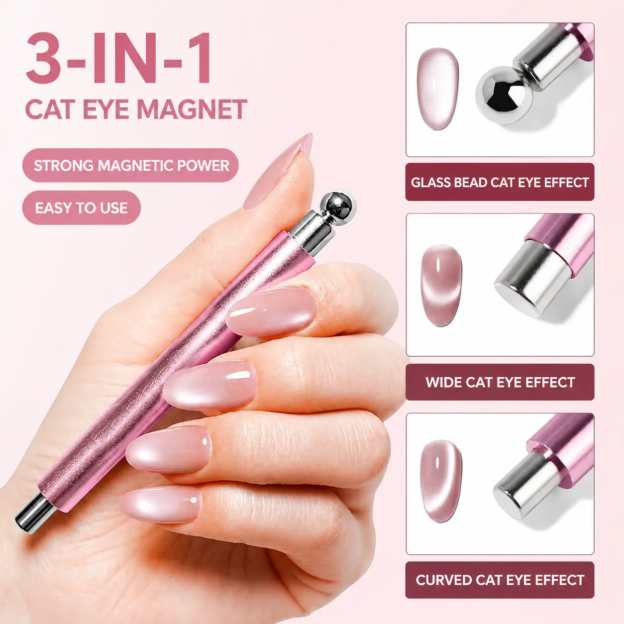 1PC Double-Ended Cat Eye Nail Magnet Tool with Round Ball Magnet, Magnetic Nail Art Wand for Gel Polish & DIY Manicure