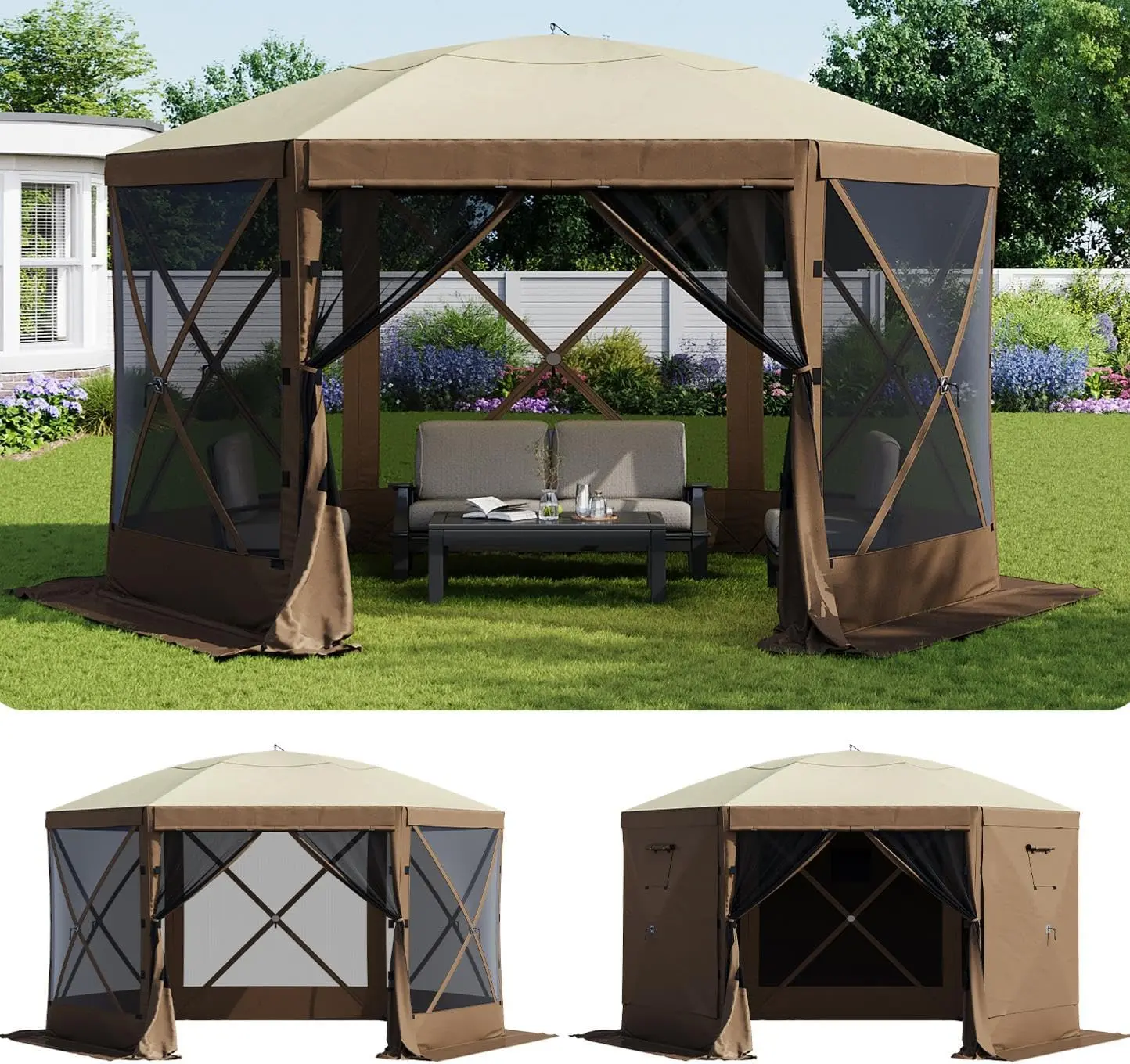 10'x10' Pop-Up Screen Tent Gazebo with 10’x10’ Footprint, Sturdy Oxford Fabric, 6 Removable Wind Panels (6-Panel Privacy), Ventilated Windows, Bug-Proof Mesh Netting & Portable Carry Bag for Sports Camping UV Protection