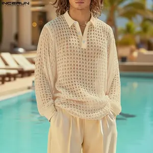 INCERUN Spring Summer Men's Boho Vacation Polo Shirt Crochet Mesh Relaxed Beach Party Top