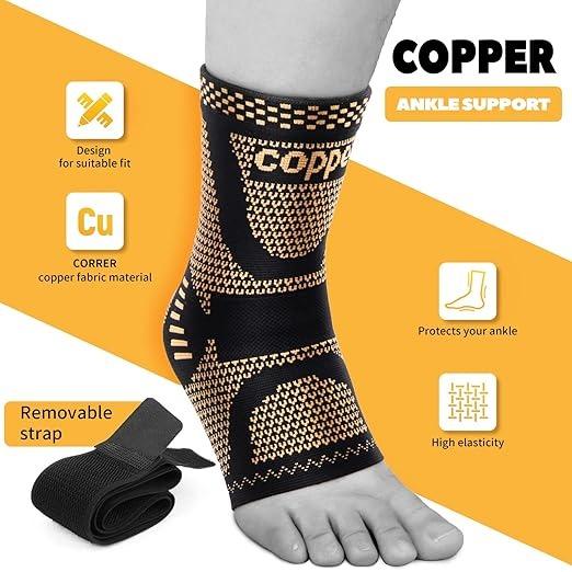 2PCS Copper Ankle Brace Compression Sleeve – Support for Achilles Tendonitis, Plantar Fasciitis, Swollen Feet, Sprained Ankle Recovery – Athletic Sports Wrap for Running, Basketball, Workout – Men & Women (Pair)