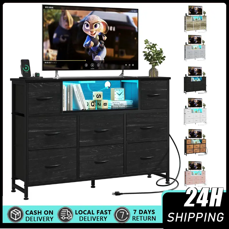Multifunctional Indoor Storage Cabinet with 8 Fabric Drawers, LED Lighting, Power Outlet - Bedroom Dresser, Space Saving Furniture, Dresser Organization, Entryway TV Stand, Living Room, Small Room Ideas