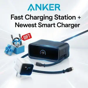 Anker Nano Charging Station( 2.3 ft Anker InstaCord Retractable Cable, 3 USB-C, 1 USB-A, 3 AC) + Anker Smart Display Charger ( Built-In Care Mode, Compact with 180° Foldable Plug)