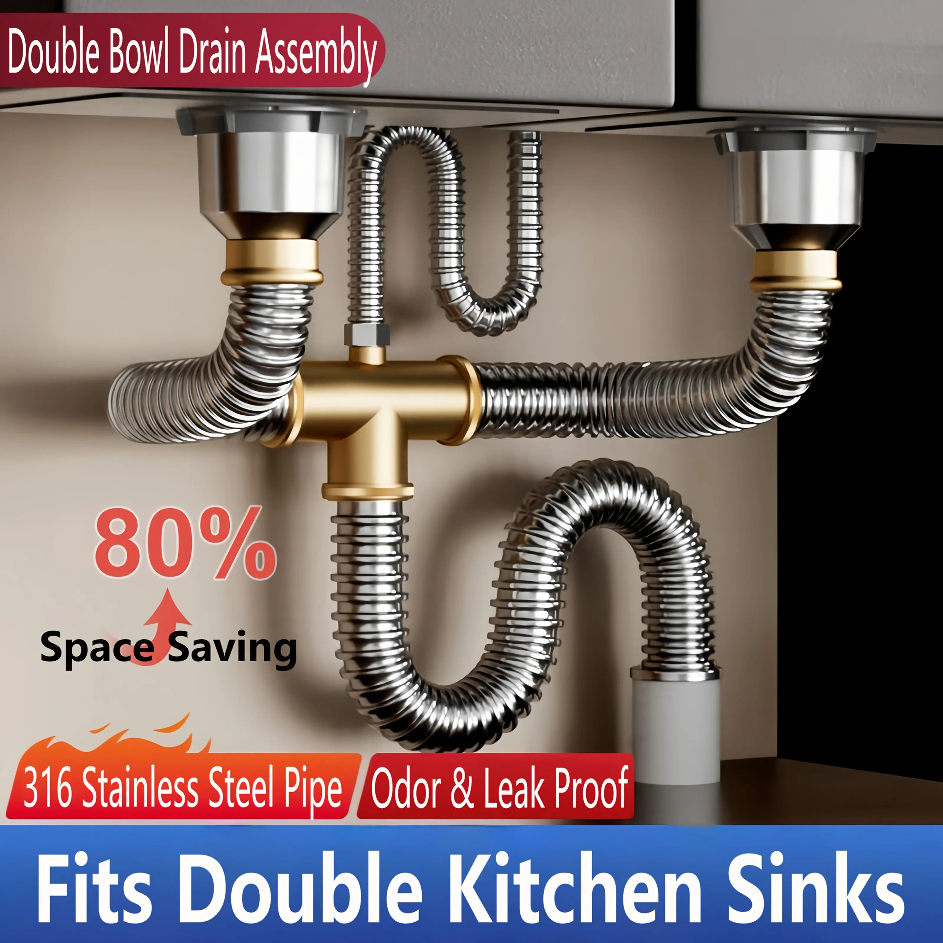 Kitchen Sink Drain Assembly And Filter, 316 Stainless Steel, Odor-Proof And Leak-Proof Drain Pipe Fittings For Single And Double Sinks, With Overflow Protection.