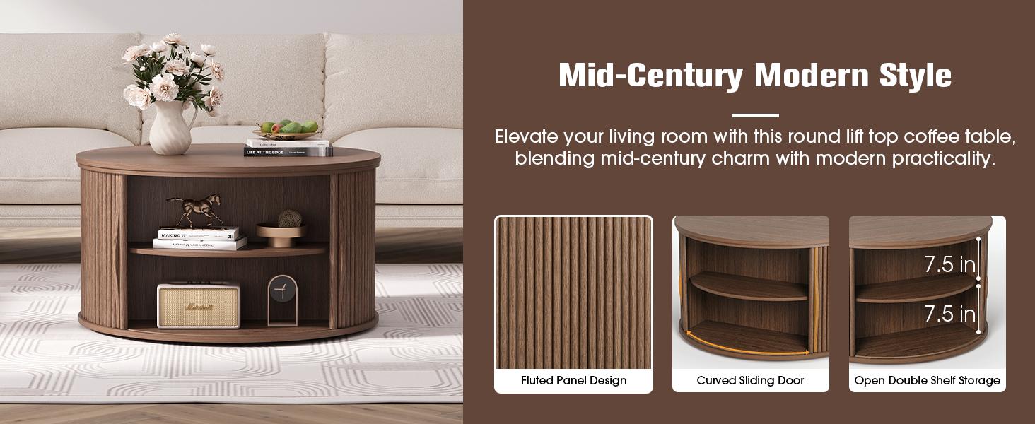 31.5" Round Lift Top Coffee Table, Mid Century Modern Walnut Center Table with Hidden Storage, Fluted Drum Wood Table for Small Living Room Apartment