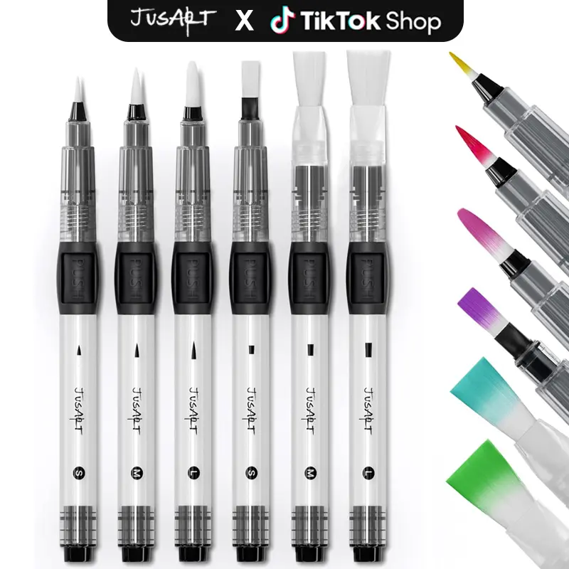JusArt 6-Pack Leak-Proof Refillable Dual Tip Painter Tool - Pointed & Flat Nylon Bristles, DIY Painting Supplies, Art Drawing Supplies, Back to School Haul, Travel Watercolor Office Art Kit for Acrylic & Gouache Painters, Art Materials