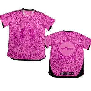 Pink Mexico Azteca Virgen de Guadalupe Soccer Jersey Short Sleeve Football Shirt with Aztec Print for Men Women Sports Fan Apparel vintage streetwear