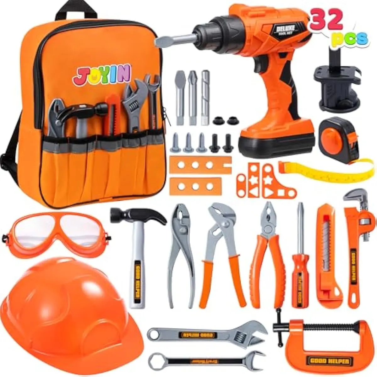 32PCS Kids Tool Set, Toddler Tool Toys with Construction Backpack Costume & Electronic Toy Drill for Boy Girl, Birthday Gift for Toddler Boys Age 3 4 5 6
