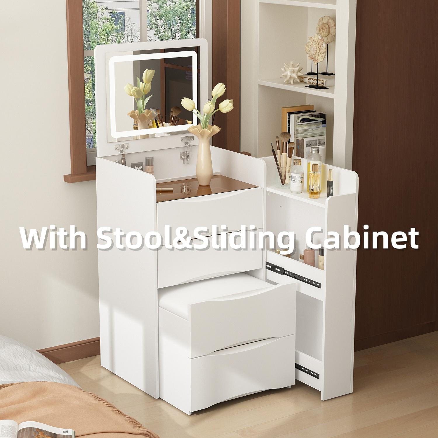 Hitow Makeup Vanity Desk with Lighted Flip-up Mirror 18.3" Wide Dressing Table with 3 Drawers Shelves & Cushioned Stool White Led Sensor Button Storage