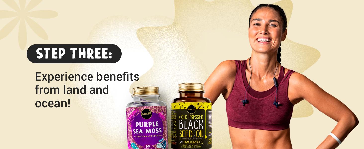 MAJU Immune Glow Duo - Black Seed Oil Capsules (60ct) & Purple Chondrus crispus Sea Moss Capsules (60ct) Edible Dietary Healthcare Supplement Fitness Healthy Skin Natural Wellness Vitamin