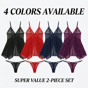 Sexy Sheer Mesh Babydoll Chemise with Lace Bust & BowAccent, Open Front Lingerie Nightgown with Matching Thong,Flowy Irregular Hem Sleepwear for Date Night, Romantic Giftfor Her