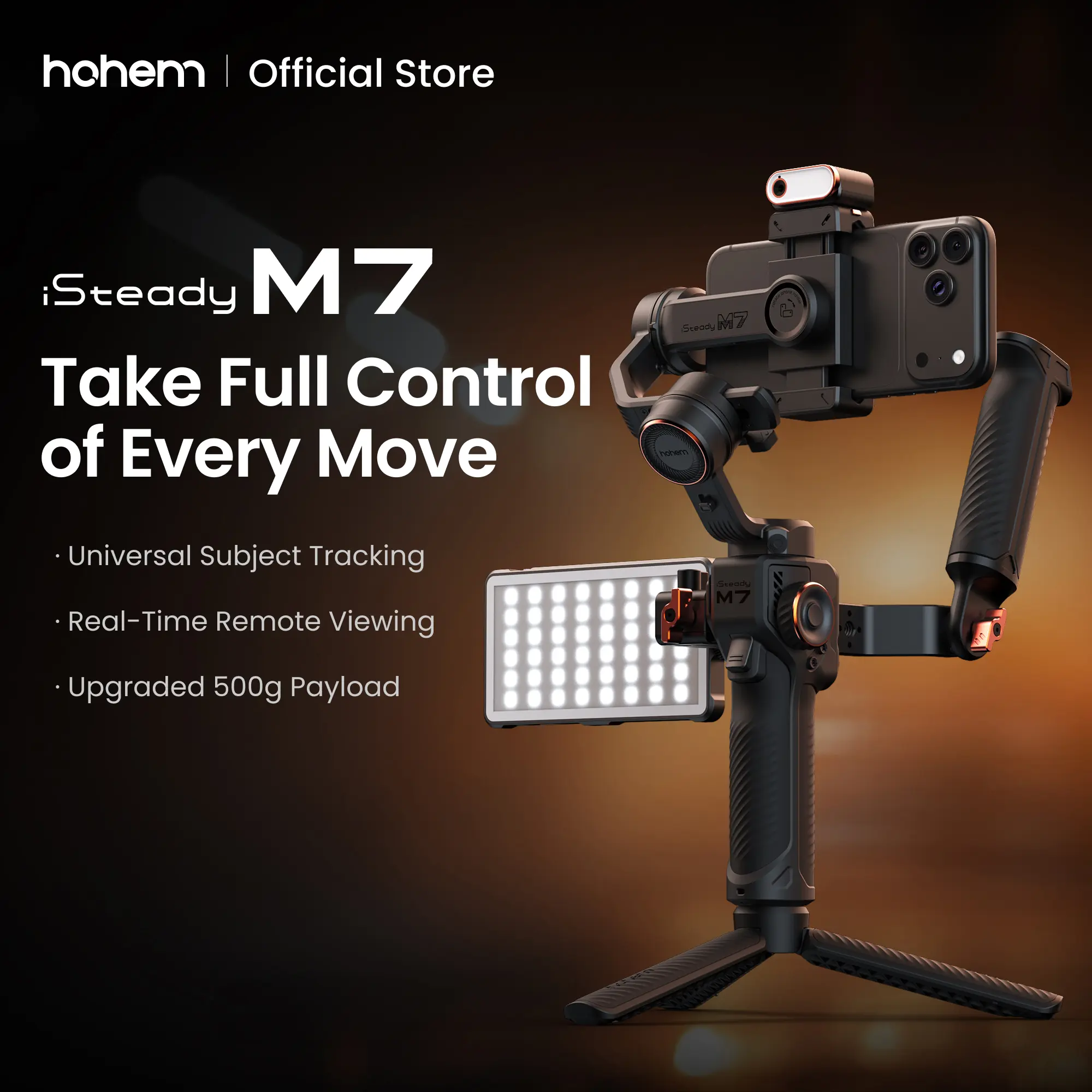 Hohem iSteady M7 Kit AI Tracking Smartphone New Gimbal Stabilizer 3-Axis with Magnetic Fill Light/AI Tracking Sensor for iPhone Android with 1/4-inch Color Tochscreen Display,Detachable Remote Controller, Max Payload 500g