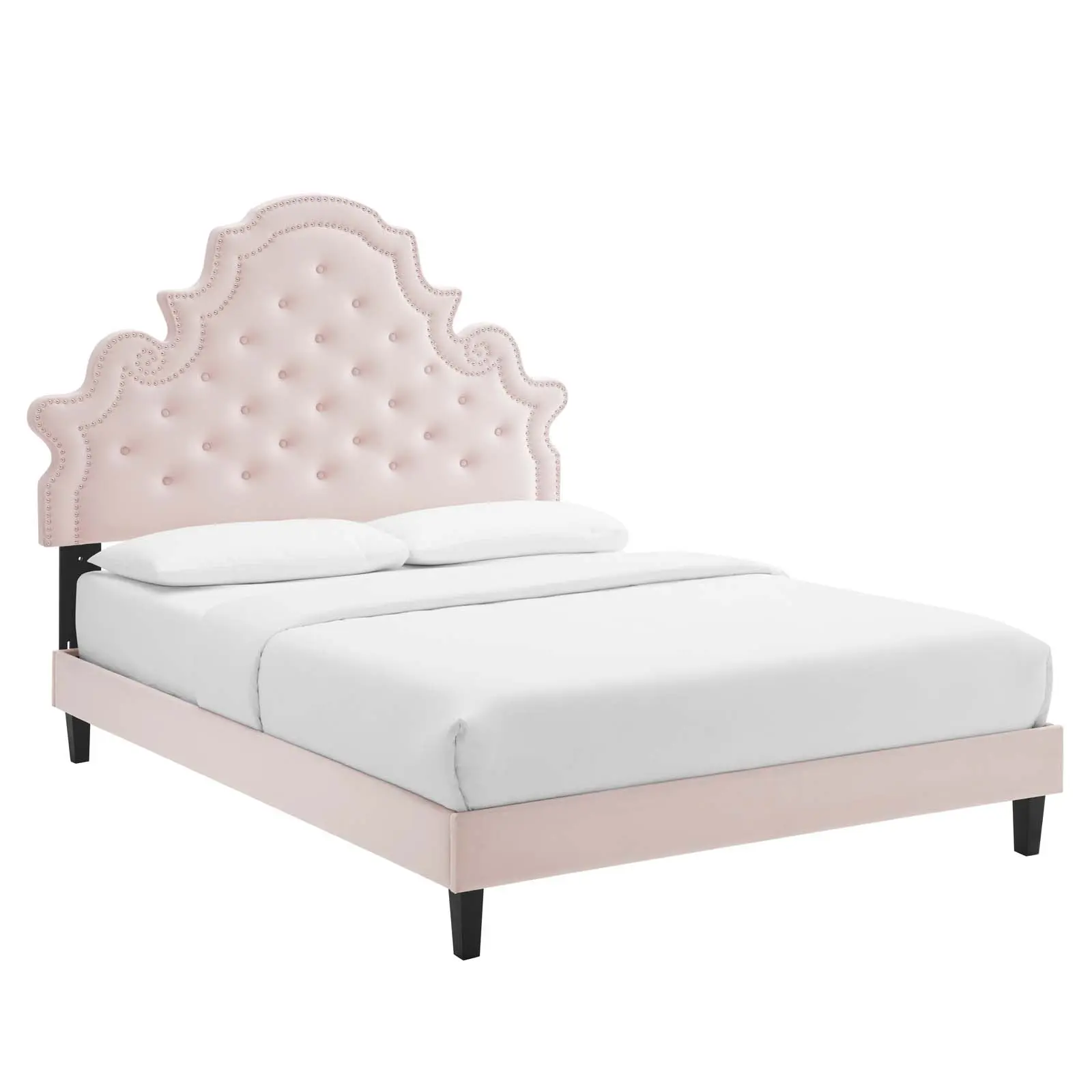 Modway Gwyneth Vintage Queen Platform Bed - Classic Button Tufting, Nailhead Trim, Stain-Safe Velvet, Sturdy Performance, Box-Spring Free with Slats for Master Bedroom, Pink, Queen Beds
