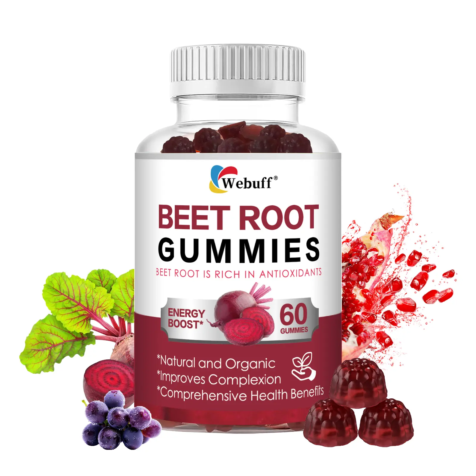 Beetroot Gummies — A nitric oxide booster containing organic beetroot, pomegranate, and grape seed, with added Vitamin B12 — supports energy, circulation, and heart health. Vegan, non-GMO, 60-count