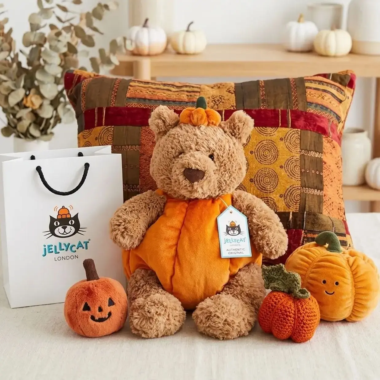 New Decorative Jellycat Pumpkin Plush Bear, Ready to Ship from US, Free Jellycat Gift Bag Included
