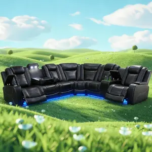 Ainehome Power Reclining Sectional Sofa for Living Room Furniture.Luxurious Black Leather Recliner Sectional Couch L ShapedSofa Home Theater with Storage Console/Drop-DownTable/LED Light