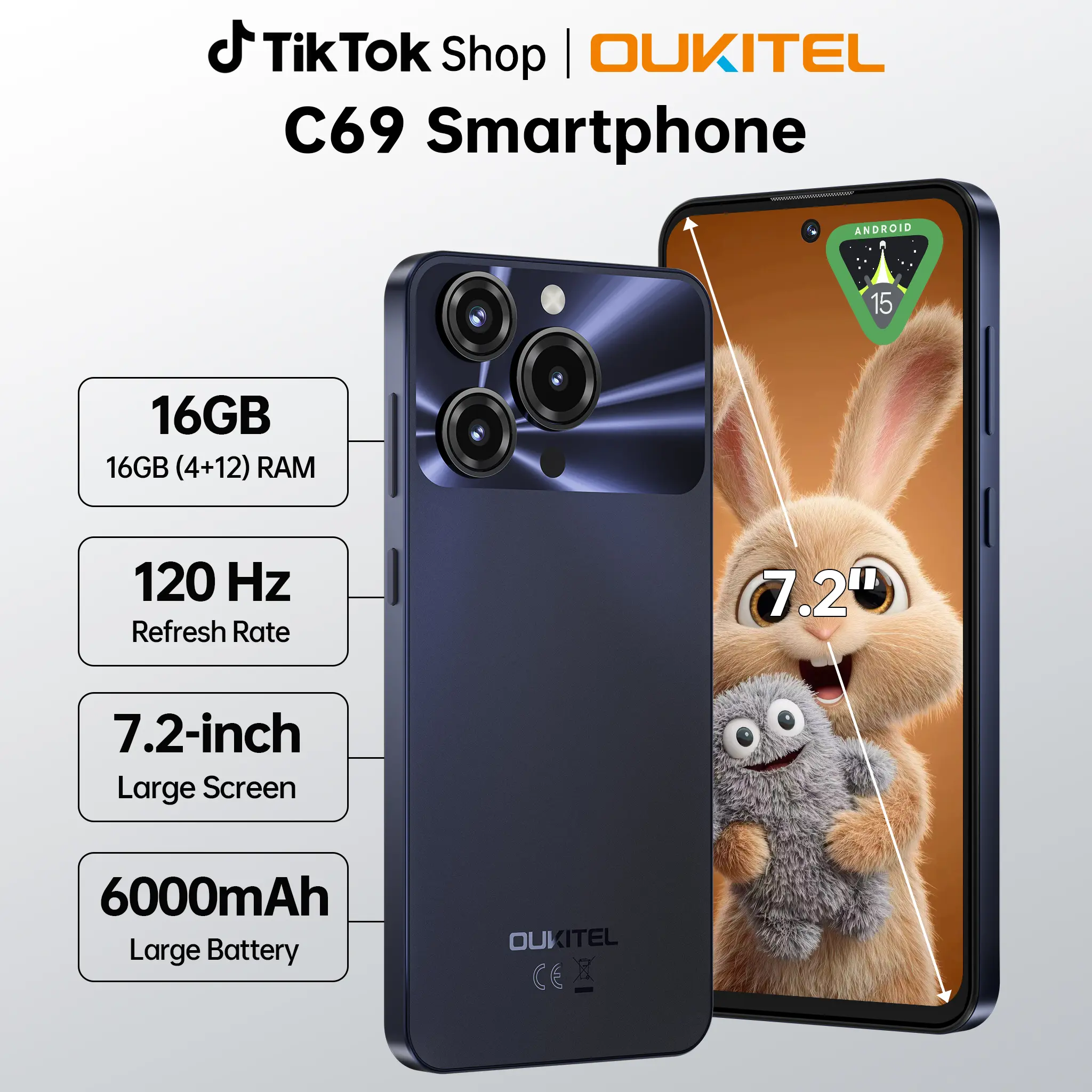 OUKITEL C69 Cell Phone Unlocked，7.2''HD + 120Hz Display，16GB(4+12) RAM + 128GB ROM, Octa-Core Smartphone，6000mAh Battery，Android 15 Phones，64 MP + 8 MP Camera，4G Dual SIM Mobile Phone, NFC/GPS/OTG/Face ID/T-Mobile/back to school,back to school haul