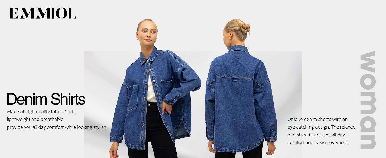 EMMIOL Women Denim Shirts Oversized Long Sleeve Button Down Blouse Distresse Jean Jacket Fall Outfits 2025