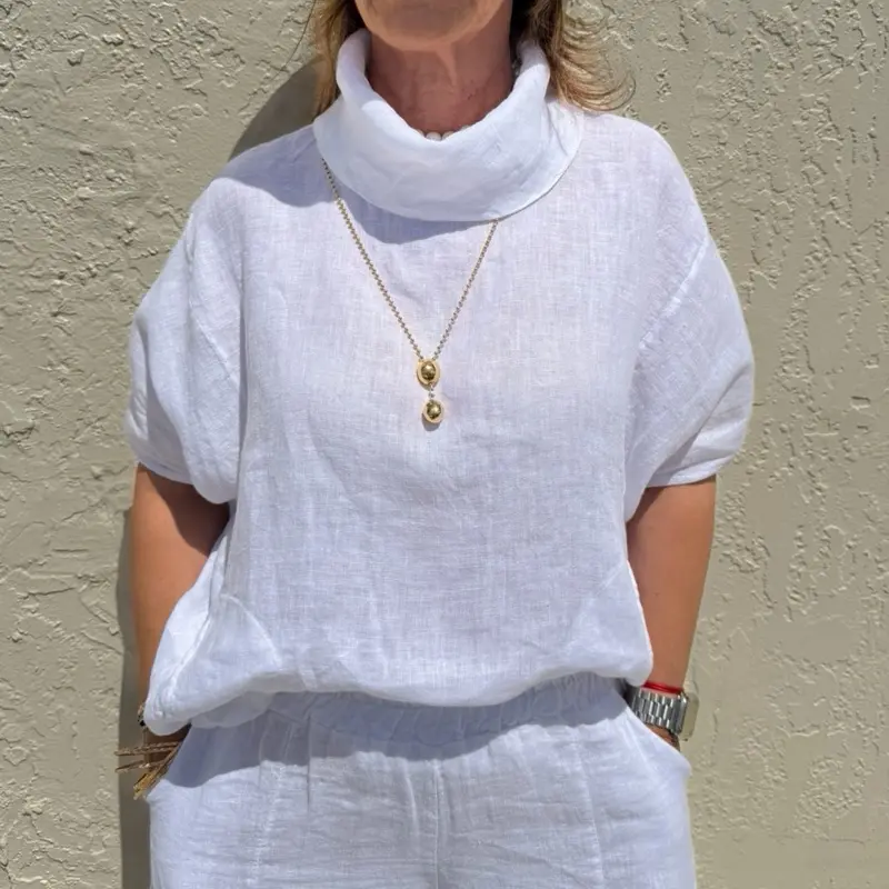One Size Linen Top XS-XL HAIME – 100% Natural Linen Relaxed Fit Blouse with Elegant Folded Turtleneck Collar, Side Sleeve Slit Detail, Breathable Summer Resort Style Top, Lightweight Mediterranean Minimalist Shirt for Women