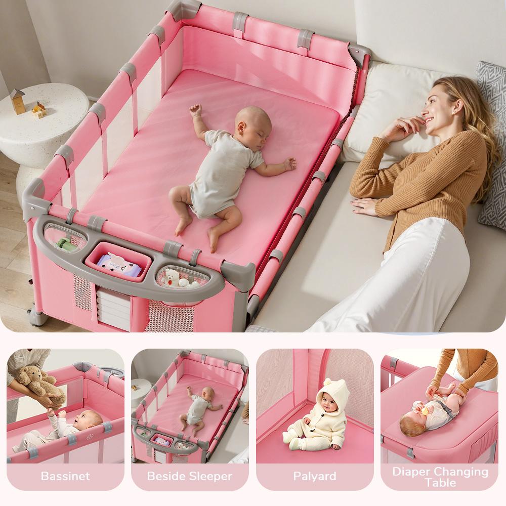 CAVEEN 5 in 1 Baby Playard, WIth Baby Bassinet, Portable Bedside Sleeper Baby Crib, with Removable Changing Station & Storage Organizer, Pink