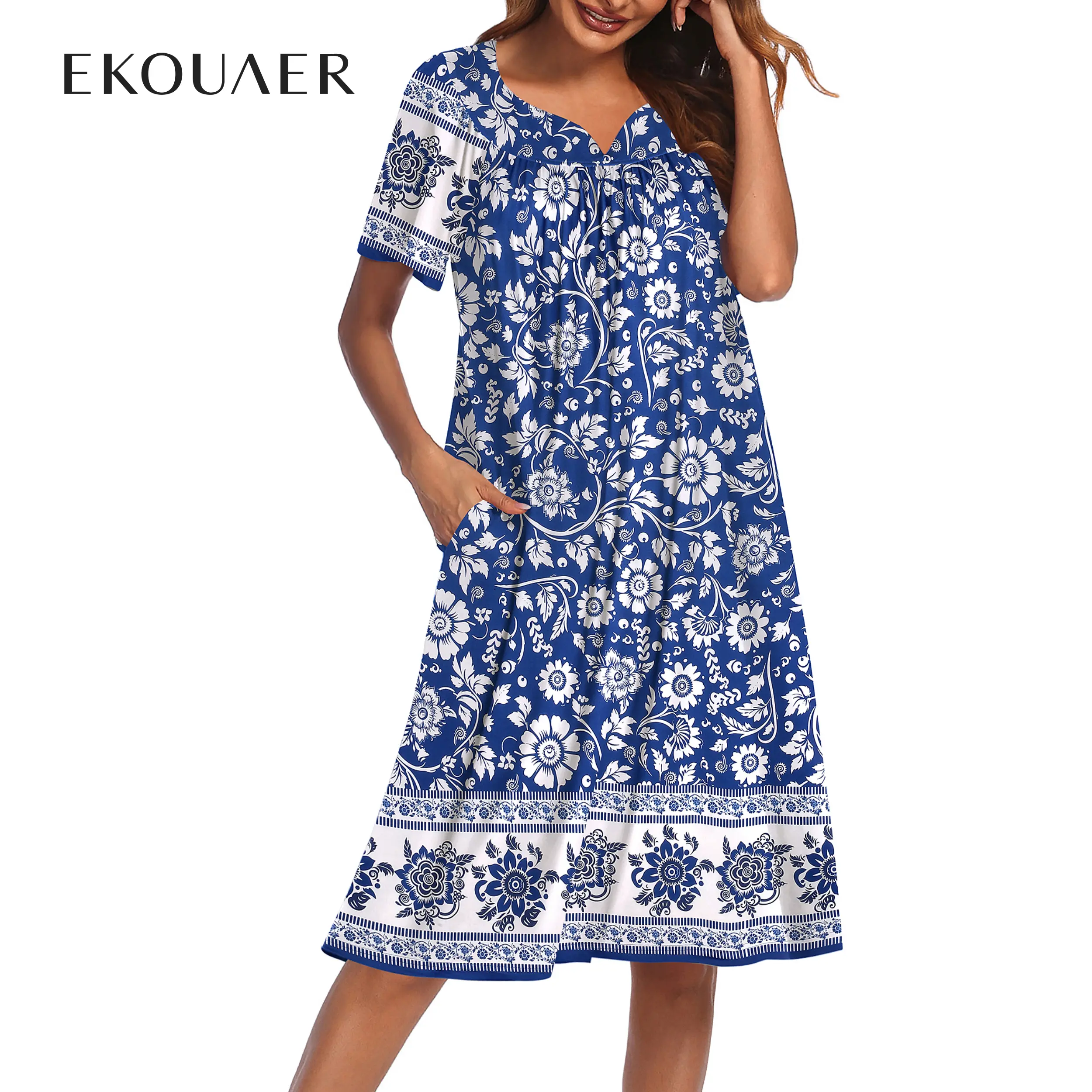 Ekouaer Women's 2026 Floral Elegant V-Neck Short-Sleeve Polyester Blend Fit Duster Maternity Dress - Below Knee, Pleated Front, No Fade, Washable Non-Shrink, All-Season, Hospital Nursing, Sleep, Rehab Use