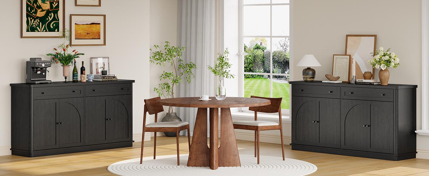 【SPOTLIGHT DAY】ONBRILL 63 Inch Buffet Cabinet with Storage, Curved Sideboard Cabinet with 2 Drawers and 4 Arched Doors, Storage Cabinets with Adjustable Shelves, Sideboard Buffet for Living Room, Kitchen