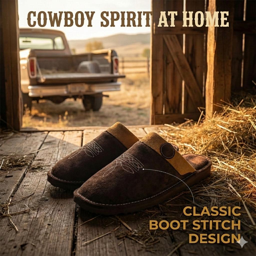 All Season Western Cowboy Boot Stitch Slippers with Square Toe Suede Leather House Shoes for Men & Women Indoor/Outdoor