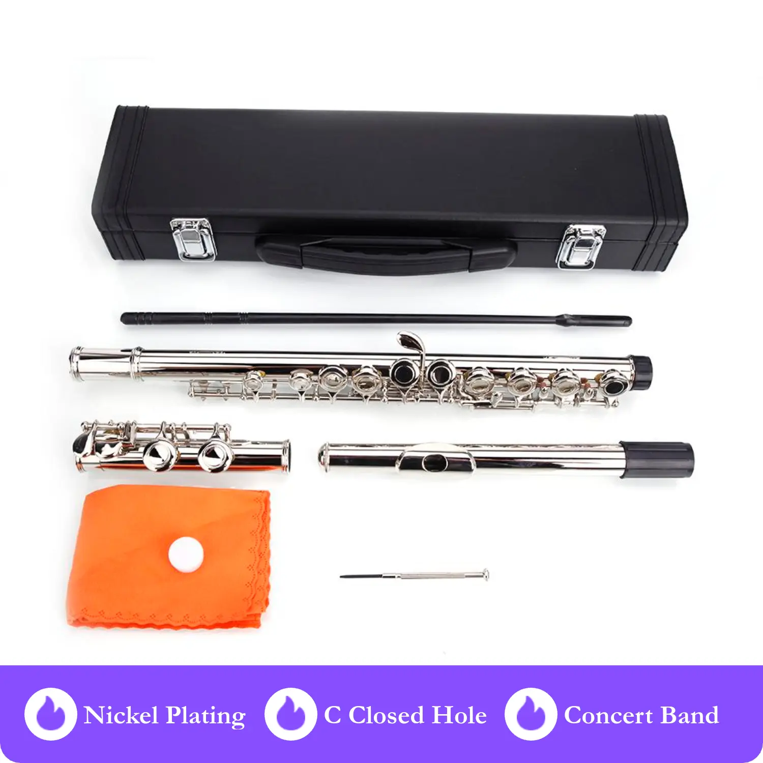 C Closed-Hole Concert Band Flute - Nickel-Plating with Silver Accents, Professional Woodwind Instrument for Musical Enthusiasts