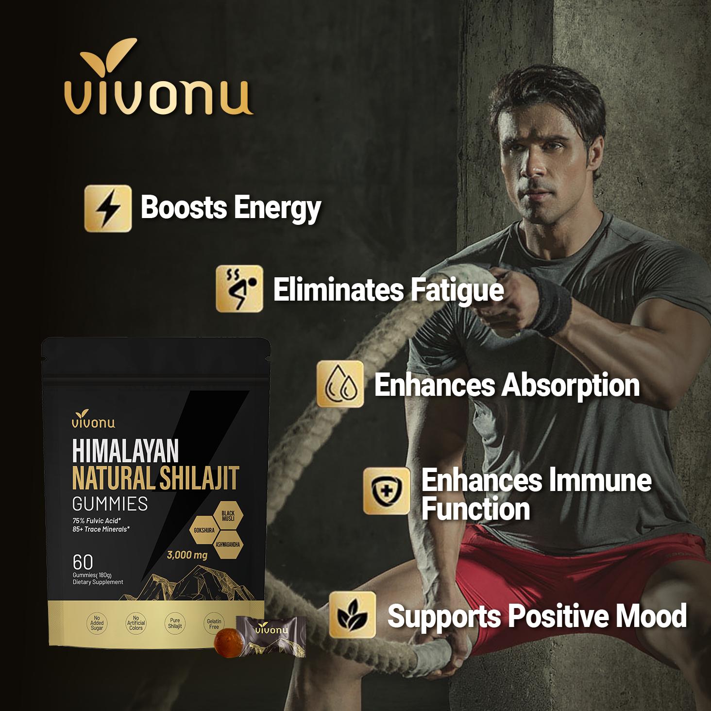 VivoNu  Himalayan Shilajit Gummies | With Ashwagandha, Gokshura & other herbs | No added sugar | 60 Gummies