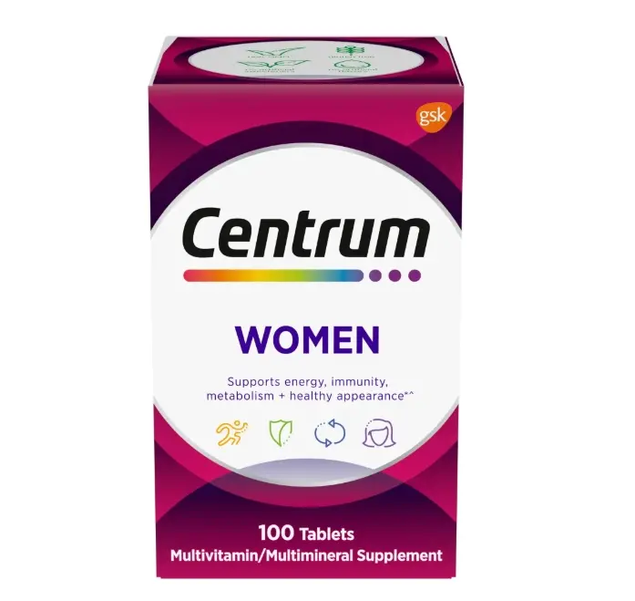 Centrum Women Multivitamin with Vitamins A, B-Complex, C, D3 & E, Iron & Essential Micronutrients, 100 Tablets, Daily Women's Multivitamin & Multimineral Supplement for Immune, Energy Metabolism & Bone Health