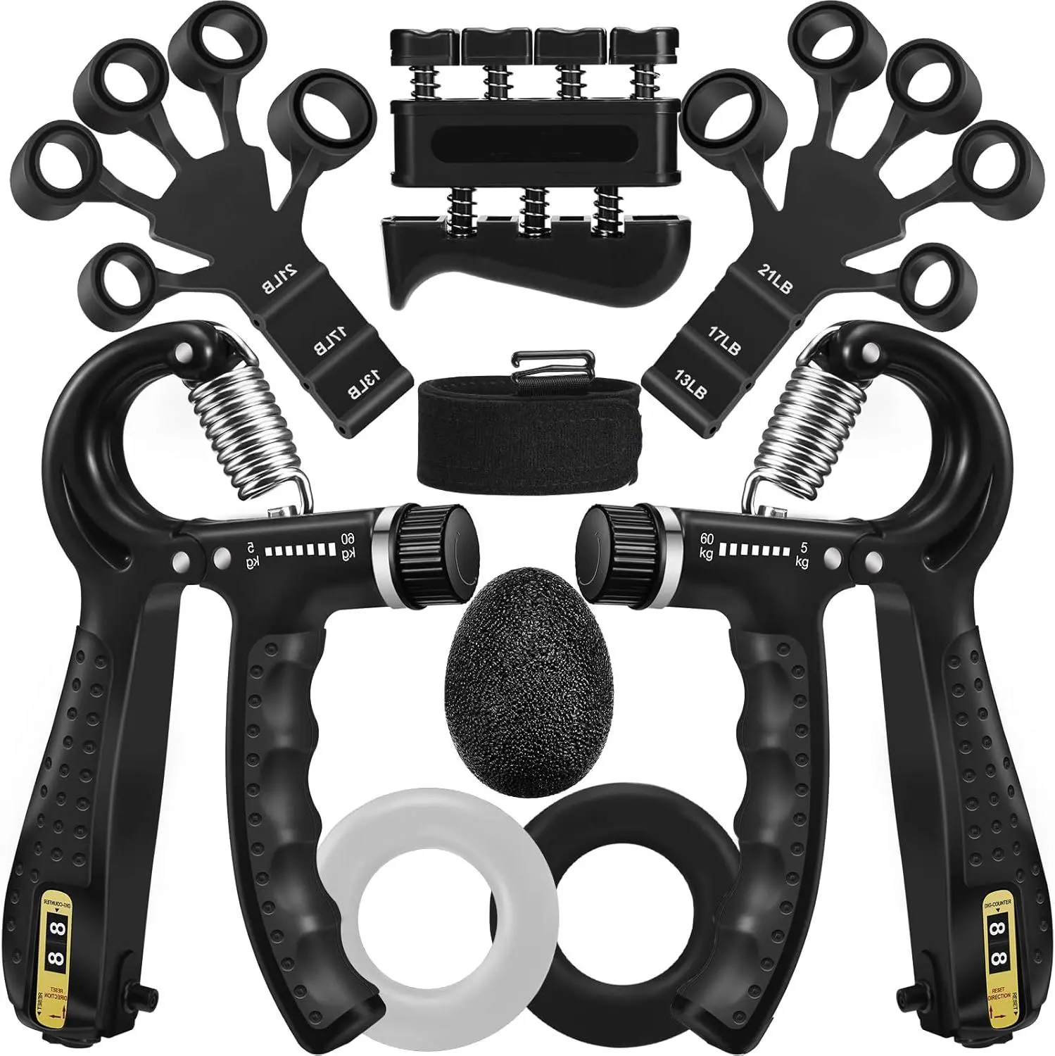 Hand Grip Strengthener Workout Kit (5 Pack)(10 pack), 1 Forearm Grip Adjustable Resistance Hand Gripper, Finger Stretcher, Grip Ring & Stress Relief Grip Ball for Athletes