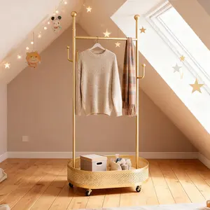 Freestanding Clothes Rack with Wheels & Bottom Storage, Metal Garment Stand