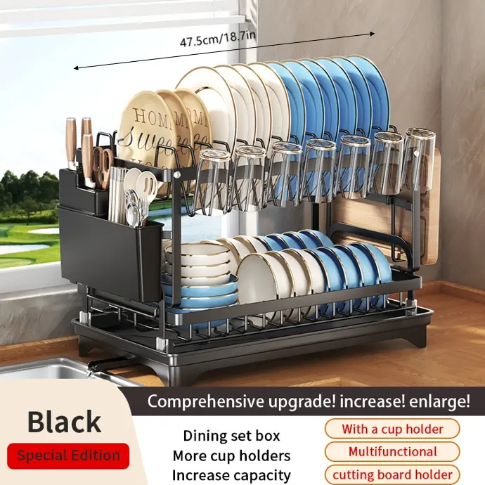 This Double-layer Metal Kitchen Countertop Dish Rack Is Space-saving and Durable. It Comes With a Knife and Fork Holder, Cup Holder, Cutting Board Holder, and Rust-proof Drain Tray. Kitchen Storage Items Help You Keep Your Kitchen Neat and Organized.