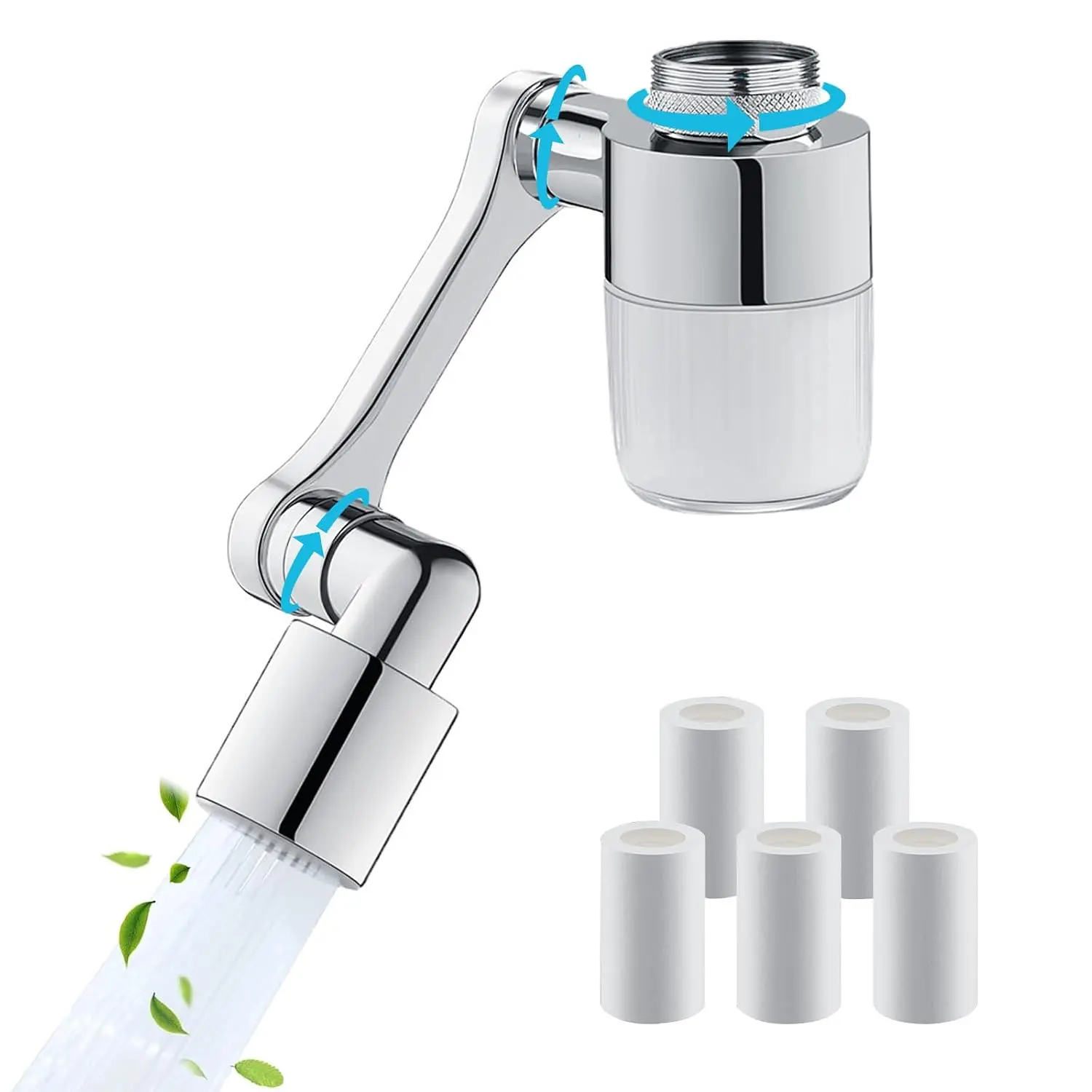 3D Swivel Faucet Aerator Filter Set with 5 Replacement Cartridges, 1440° Rotating 2-Mode Water Spray Attachment, Universal Easy-Install Adapter for Kitchen Taps, Water Filtration for Children, Elderly, Sink Washing Needs