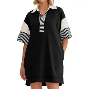Wenrine Women's Polo V Neck T Shirt Dress Casual Summer Oversized Color Block Short Sleeve Sweatshirt Mini Dresses