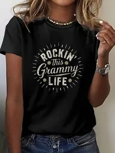 ROCKIN this Grammy LIFE Graphic T-Shirt for Women - Short Sleeve Crew Neck Casual Top with Geometric Sunburst & Stars Print, Medium Stretch Machine-Washable Fabric, All-Season Comfort Fit, Ladies T Shirts, Music Fan Apparel, Trendy Women's Tee, Comfortabl