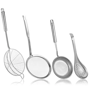 4 Pcs Spider Strainer Skimmer Spoon Set,Including Fine Mesh Strainer and Fat Skimmer Spoon,Stainless Steel Metal With Hole Sieve Food Strainers with Hanging Holes,for Cooking,Hand Tools Kits
