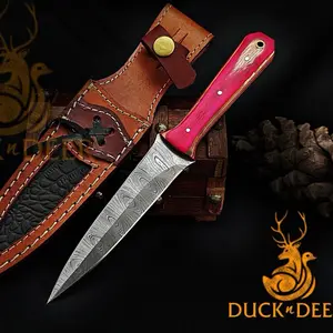 Fixed Blade Damascus Knife with Leather Sheath, Skinning, Non-Slip Wooden Handle, For Camping Survival, Best For Outdoor, Gift for Husband