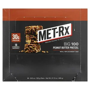 MET-Rx Big 100, Meal Replacement Bar, Peanut Butter Pretzel, 9 Bars, 3.52 oz (100 g) Each
