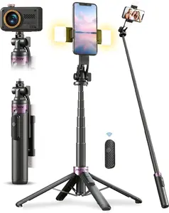 53'' Selfie Stick Tripod with Light, Enhanced 4-Leg Cell Phone Stand Camera Tripod with Rechargeable Wireless Remote & 2 Fill Light, Portable Selfie Stick Travel Essentials for iPhone Android
