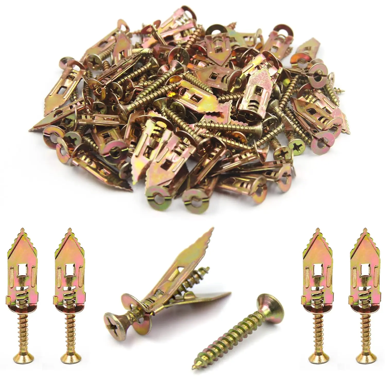 Carbon Steel Self-Drilling Drywall Anchor + Screw Kit (200 Pcs Total: 100 Drywall Sets, 50 Metal Anchors, 50 Screws) - No Pre-Drilled Holes Needed for DIY Users, Wall Cabinets, Blackboards, Concrete, Curtains, Fixing TV, Masonry