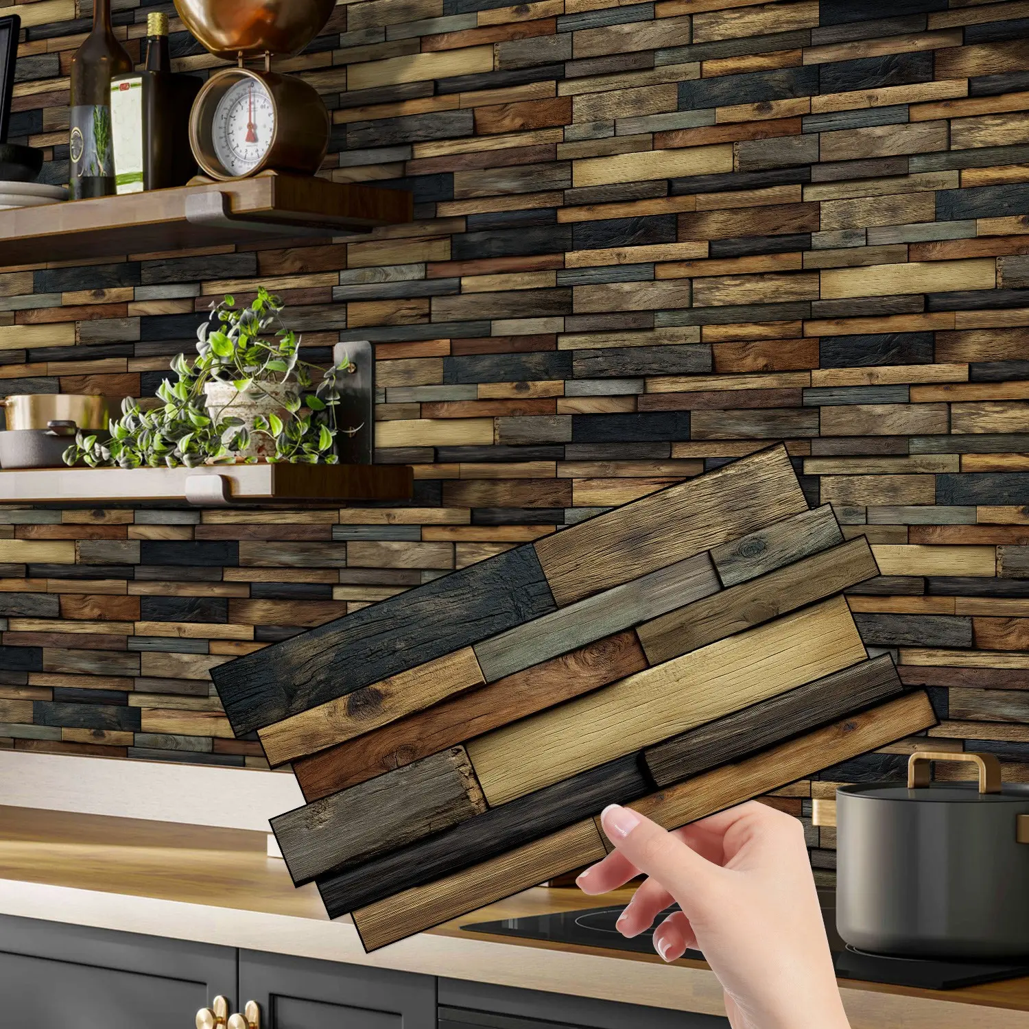 (12pcs/24pcs/48pcs) Faux Marble Wood Grain Design, Interlocking Decorative Home Decoration Items Wall Sticker, Wall Decal, Marble Tile Stickers, Suitable for Kitchen Bathroom Bedroom Living Room Renovation, 12cm x 24.6cm #TOP PICKS