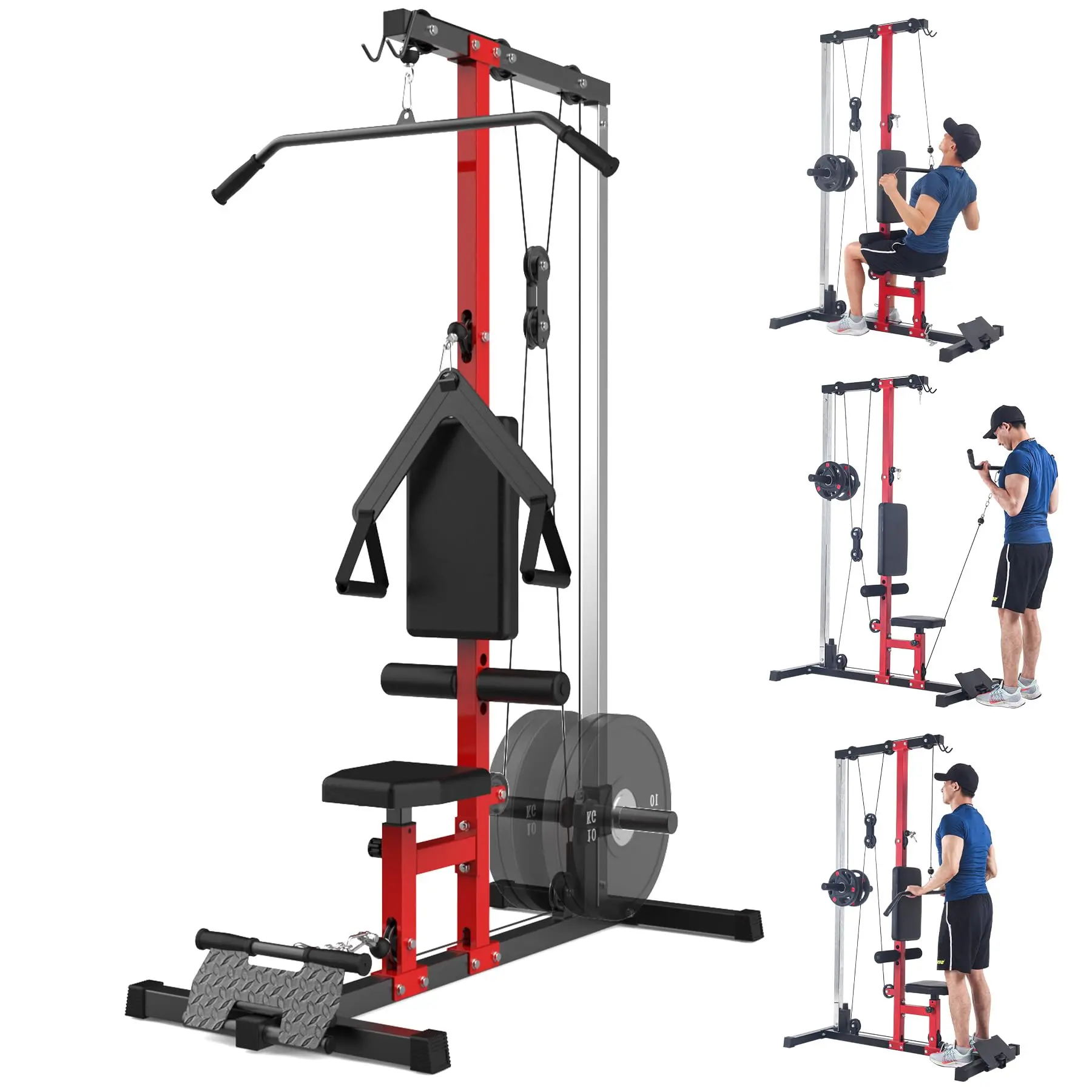 LAT Pulldown Machine Fitness Equipment - 11ga Steel, High/Low Pulleys, Adjustable Leg Support, Ergonomic Handles, Dual-Layered Padding, Black&Red Home Exercise Equipment for Total Body Training, Home Gym Accessory