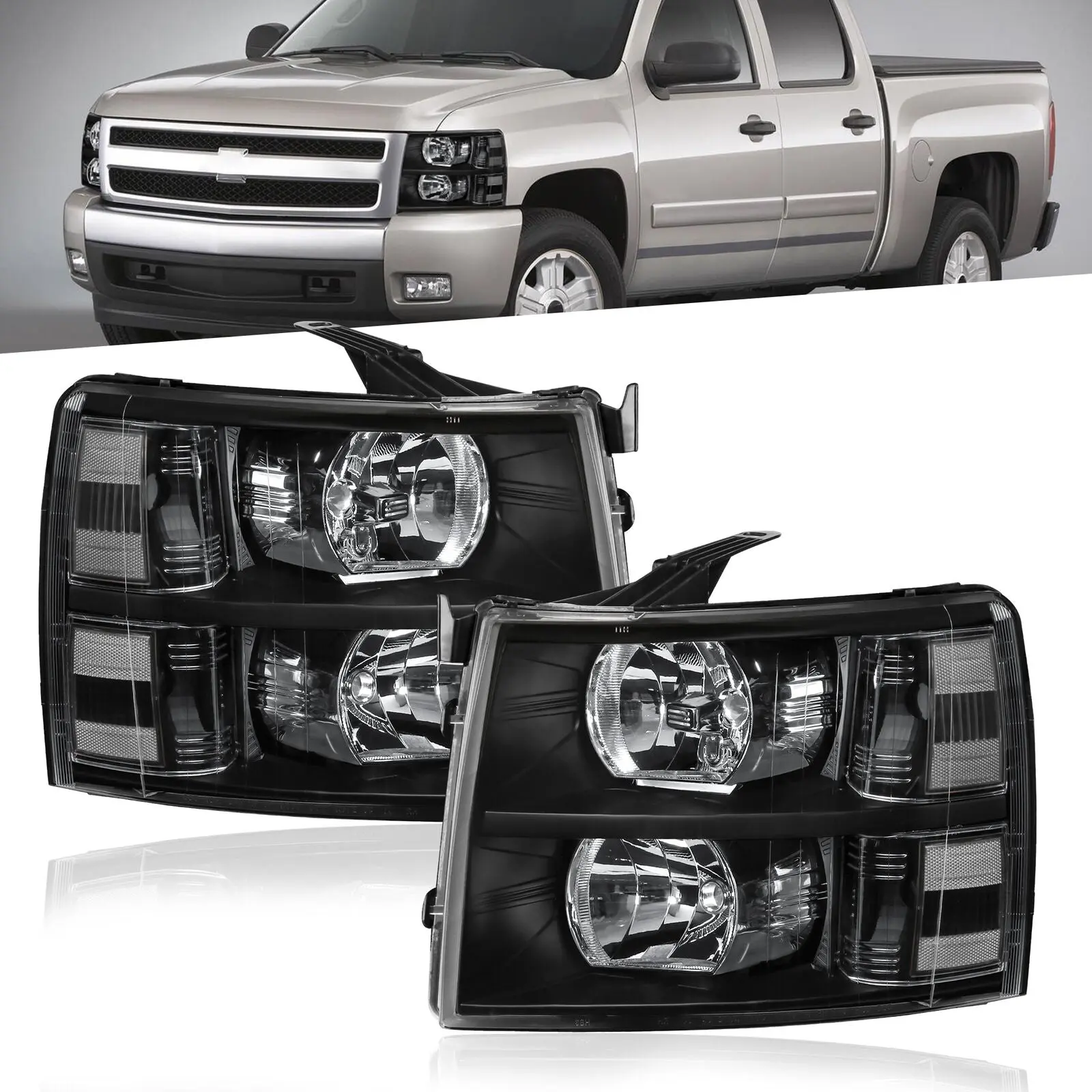 MOSTPLUS Truck Headlight Assembly For 2007-2013 Chevrolet Silverado 1500 2500HD 3500HD Front Lamp with Black Housing/Clear Lens/Clear Reflector