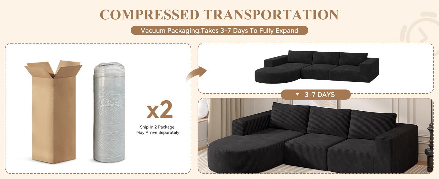 【2 Packages shipping】Modular Sectional Sofa with L-Shape Chaise,Cloud Sectional Modern Sleeper Couch with Deep Seat,Sponge Compression Sofas No Assembly Required (Beige-Corduroy Fabric)