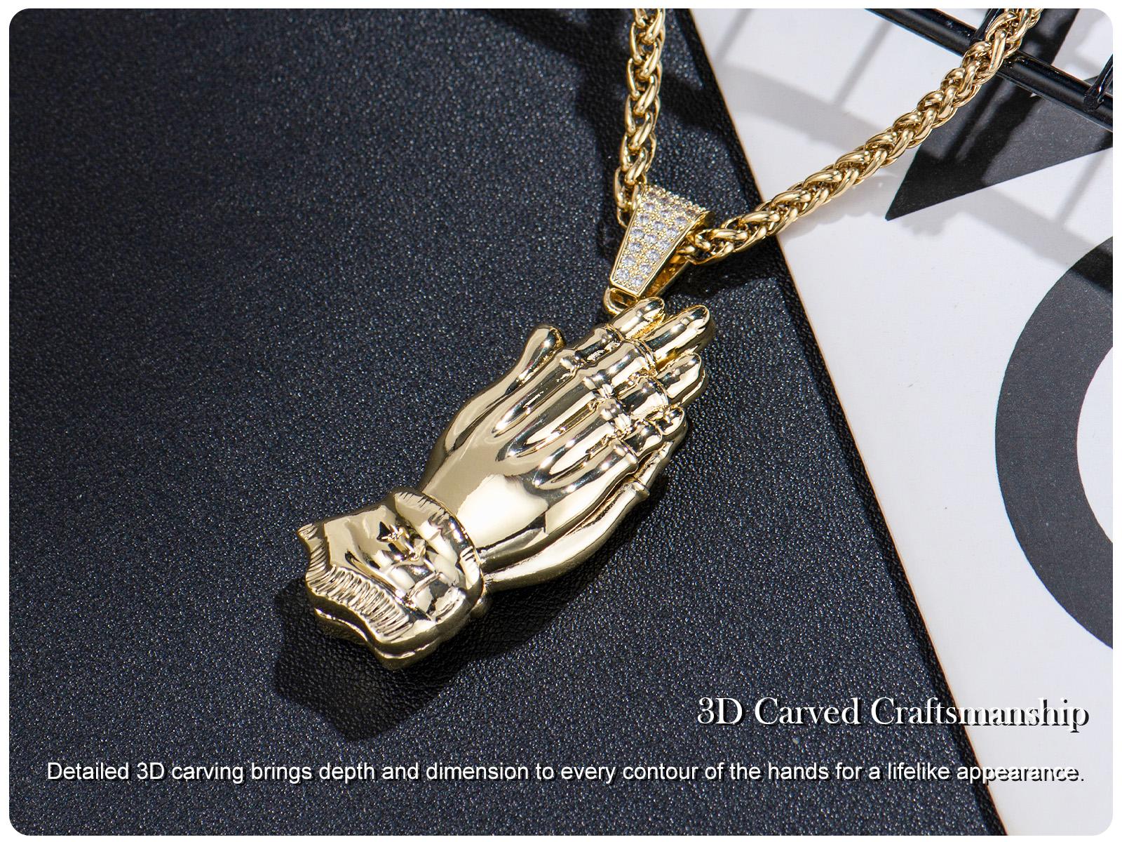 Holylegend 14K Real Gold-Plated Praying Hands Pendant Necklace for Men, 3D Carved Pendant with CZ Iced Bail, Gift-Ready Religious Jewelry