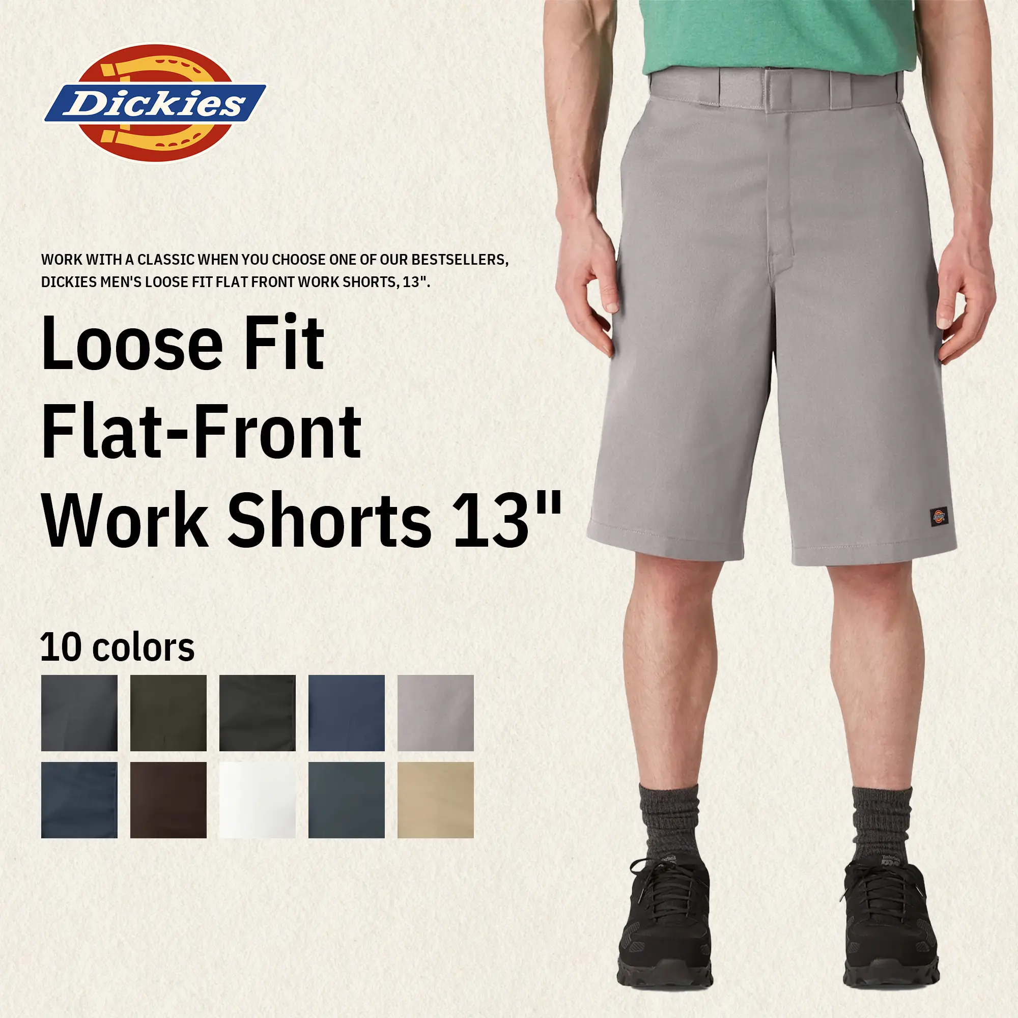Dickies Men's Loose Fit Flat Front Work Shorts, 13",  Wrinkle Resistant, Stain Release, Utility Pocket, Workwear Style