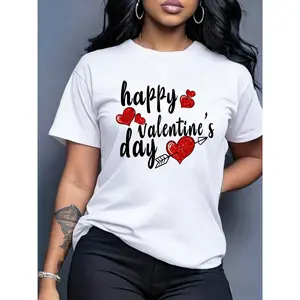 100% cotton, women's Valentine's Day pattern T-shirt, red glitter heart arrow design |           Casual short-sleeved T-shirt, very suitable for Valentine's Day celebrations and gifts for girlfriends and lovers