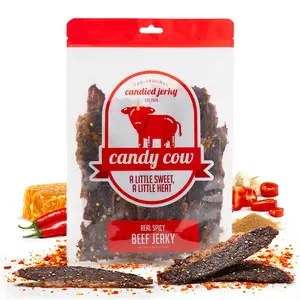 Candy Cow Real Spicy, 5oz Bag, Candied Beef Jerky, Thin Sliced Sweet Crispy Brisket, Bold Chili Heat With Crushed Red Pepper, Small Batch Crafted High Protein Resealable Bag,