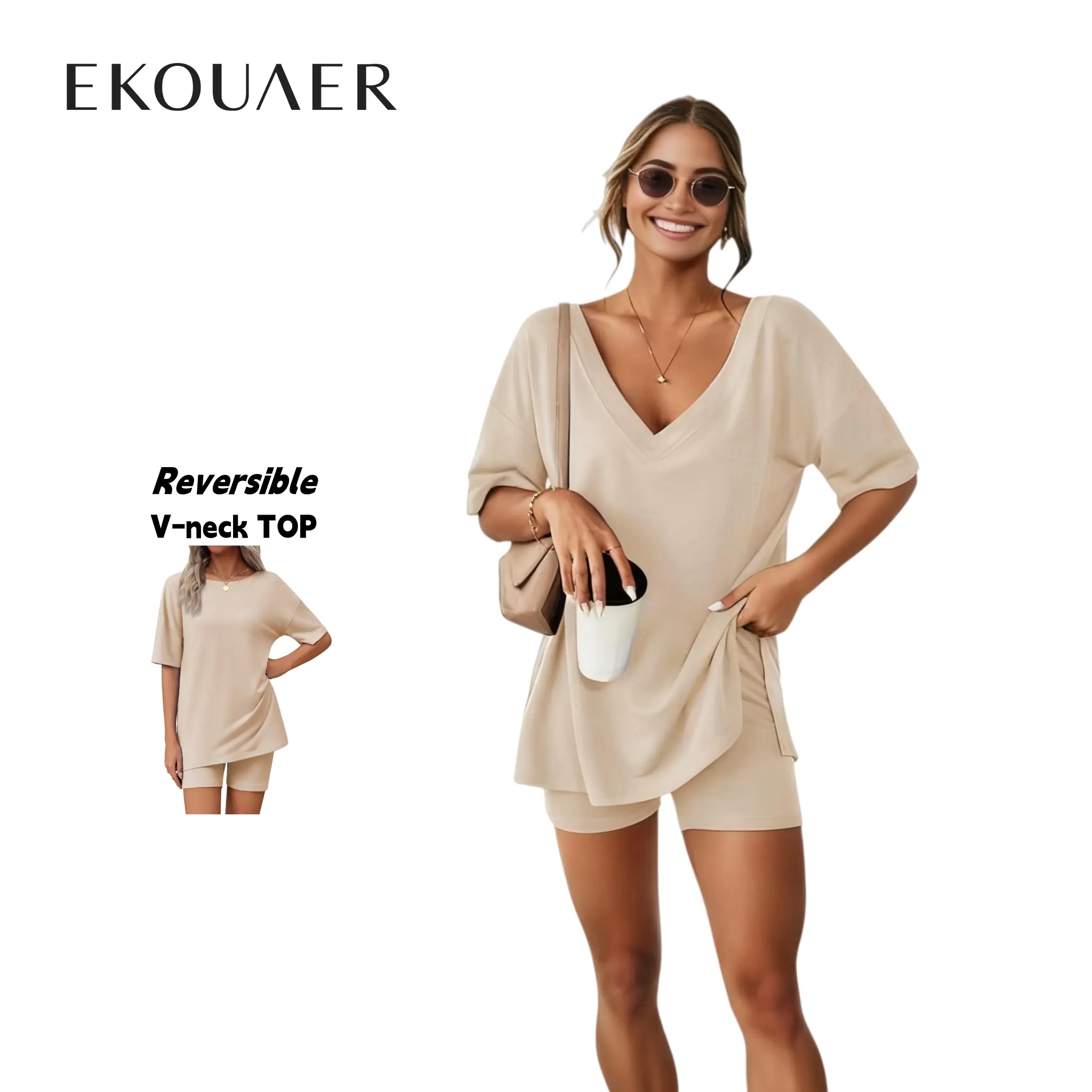 EKOUAER V-neck comfort Two-Piece Pajama Set For Women Summer Casual  Split Hem Shirts & Biker Shorts Minimalist Lounge Wear Soft Homewear Cozy Pjs Clothes Comfy