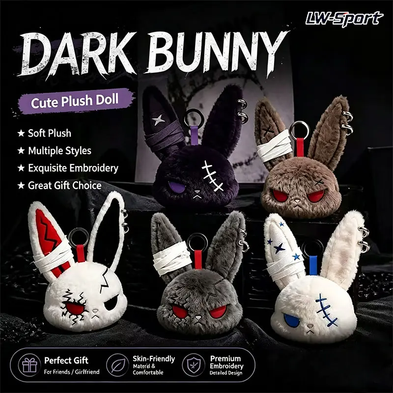 1Pc Dark Bunny Plush Keychain, Gothic Punk Bandage Rabbit Bag Charm with Stitched Eye Embroidery, Soft Fluffy Alt Aesthetic Bunny Key Ring, Cute But Fierce Emo Y2K Bag Pendant, Great Gift for Teens, Goth & Alt Fashion Lovers, Multiple Color Options